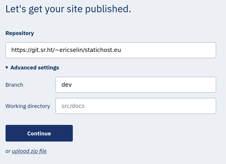 Repository settings with branch selection